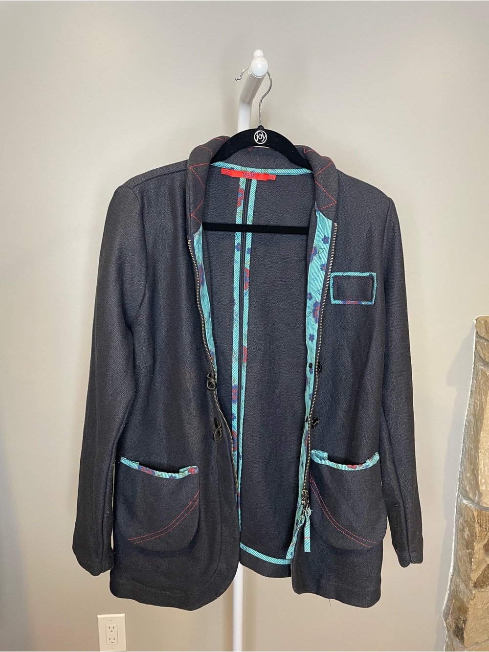 Vintage Oilily Dark Gray Blazer with Teal Floral Trim Y2K - 42/XL